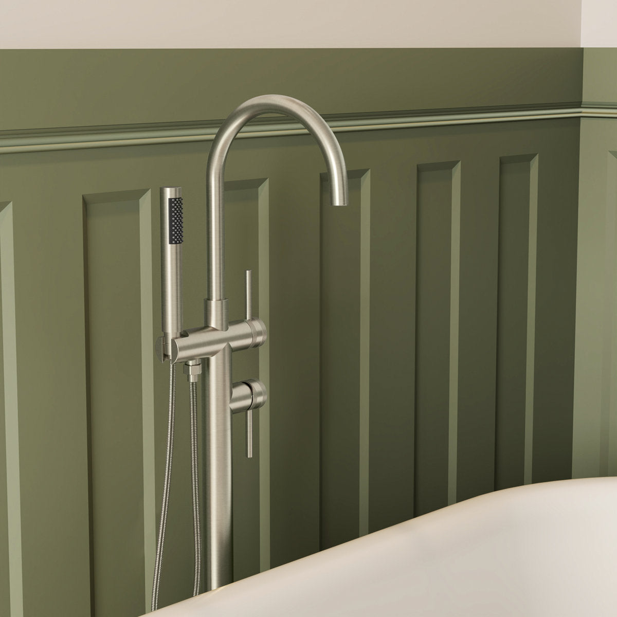 2 Handle Freestanding Floor Mount Tub Filler Faucet with Handheld Shower SFS-1093-NK - Brushed Nickel