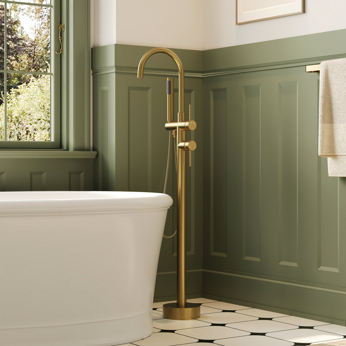 Freestanding Floor Mount Tub Filler Faucet with Handheld Shower SFS-1093-GN - Brushed Gold