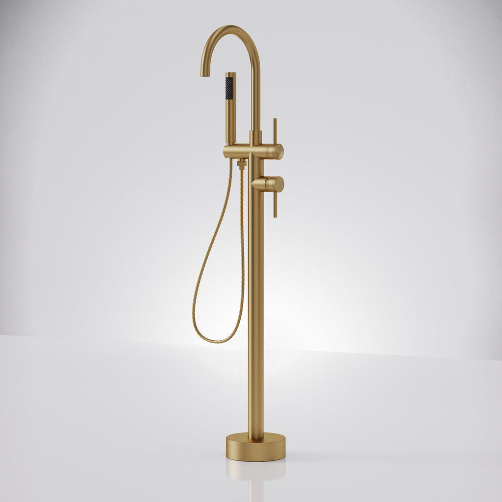 Freestanding Floor Mount Tub Filler Faucet with Handheld Shower SFS-1093-GN - Brushed Gold