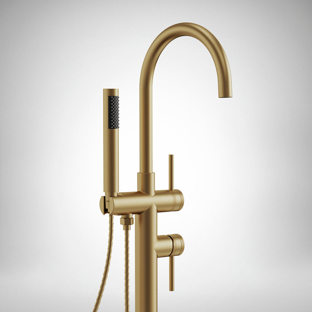 Freestanding Floor Mount Tub Filler Faucet with Handheld Shower SFS-1093-GN - Brushed Gold