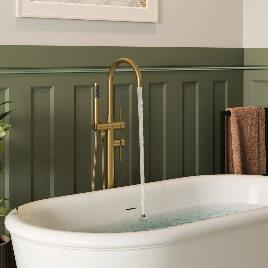 Freestanding Floor Mount Tub Filler Faucet with Handheld Shower SFS-1093-GN - Brushed Gold