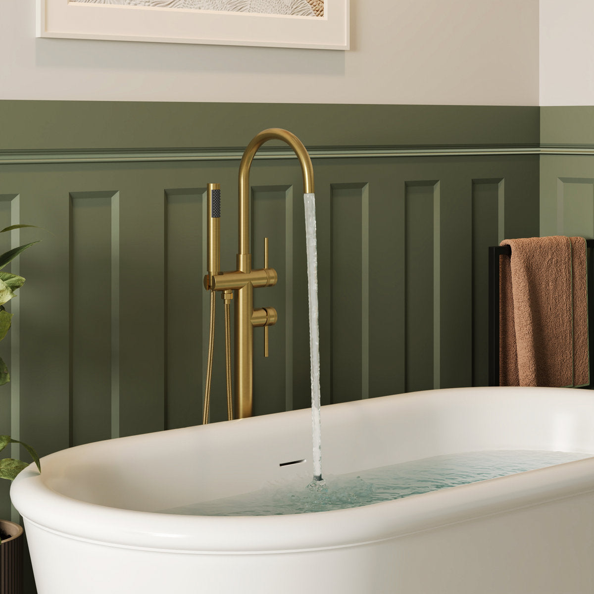 Freestanding Floor Mount Tub Filler Faucet with Handheld Shower SFS-1093-GN - Brushed Gold