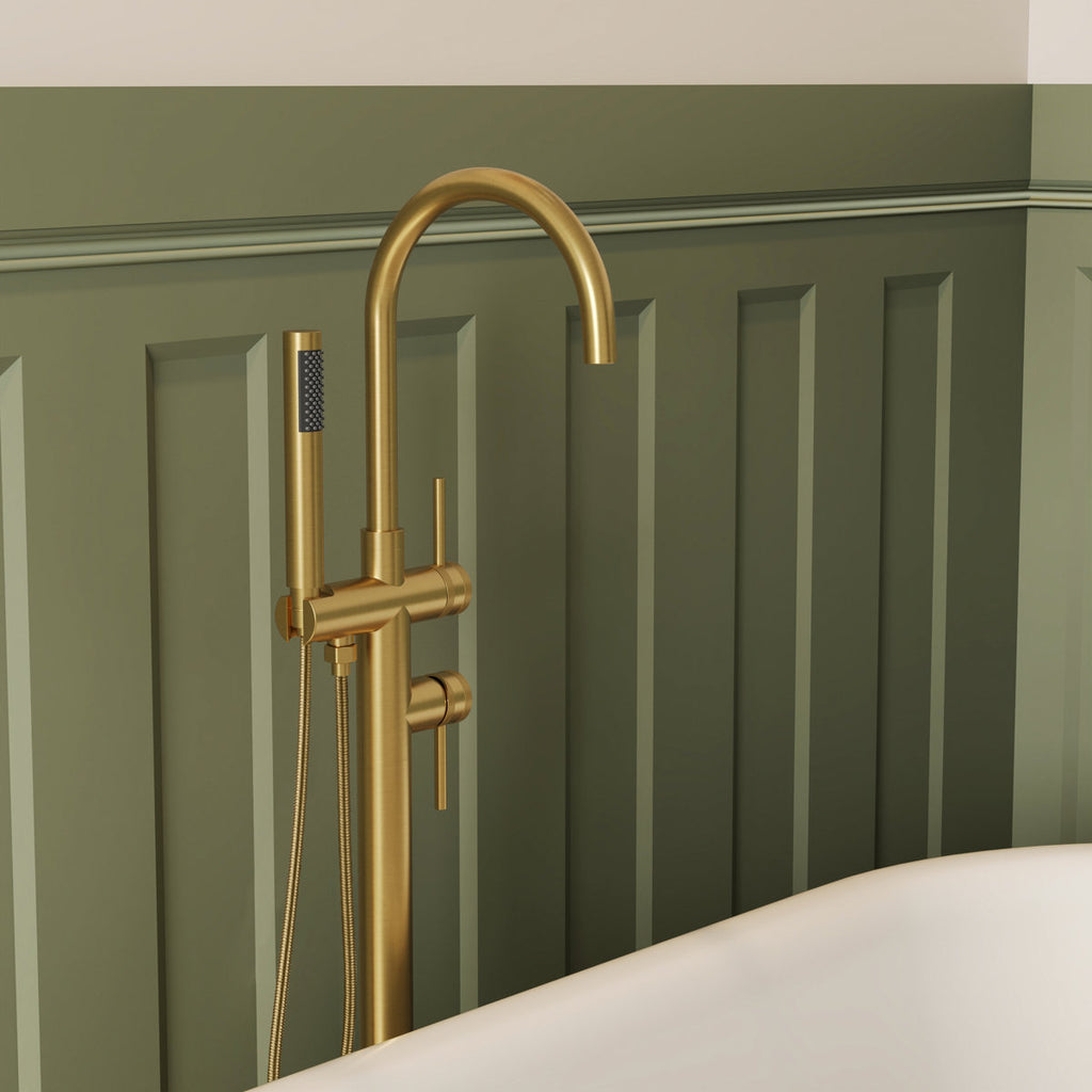 Freestanding Floor Mount Tub Filler Faucet with Handheld Shower SFS-1093-GN - Brushed Gold