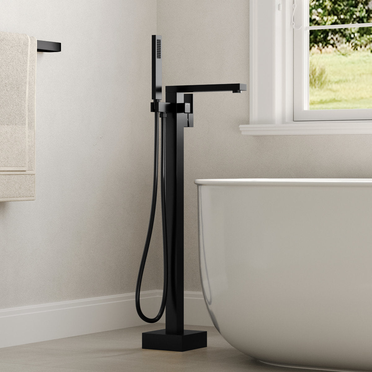 Freestanding Tub Filler Floor Mount Bathtub Faucet with Hand Shower SFS-1094-BK - Matte Black