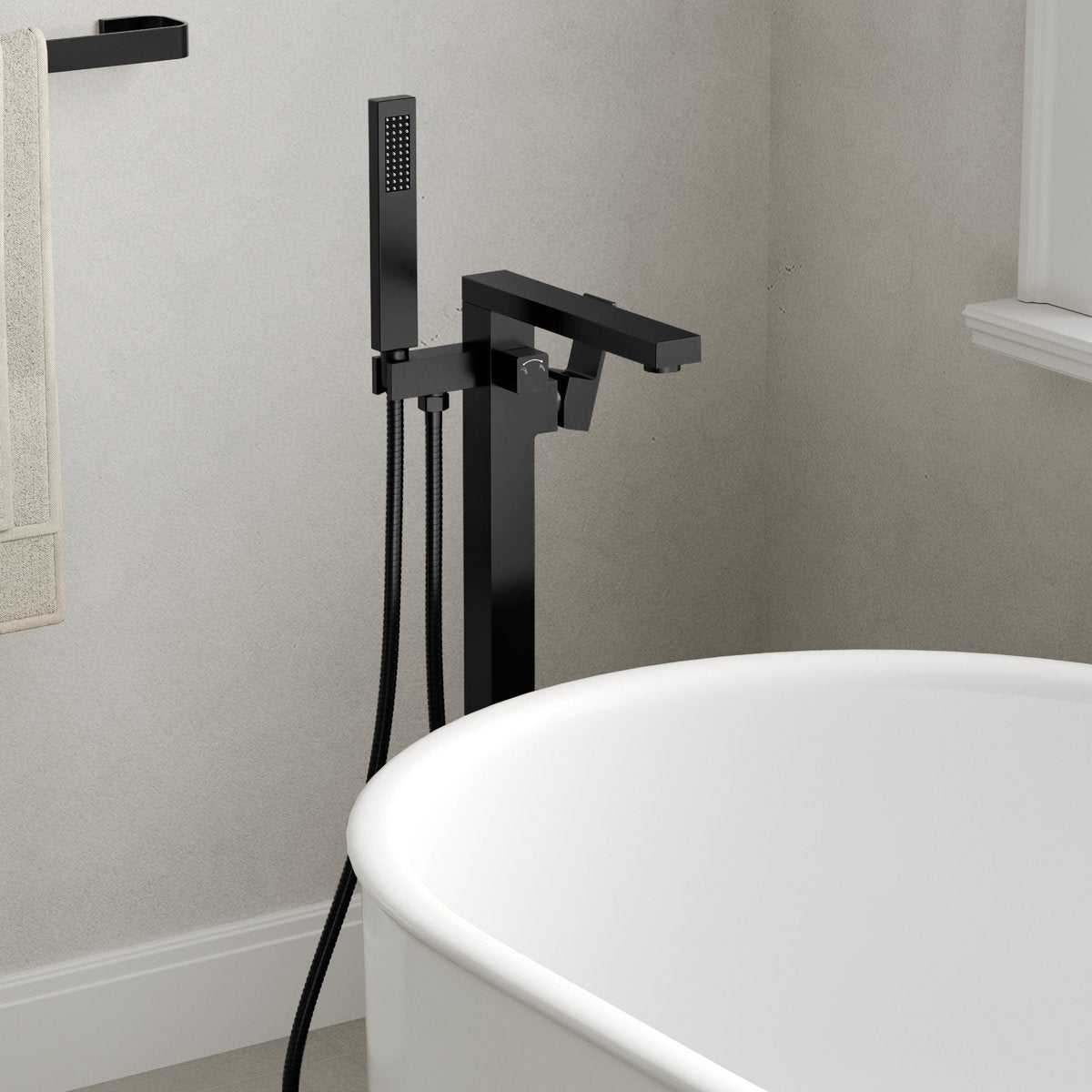 Freestanding Tub Filler Floor Mount Bathtub Faucet with Hand Shower SFS-1094-BK - Matte Black