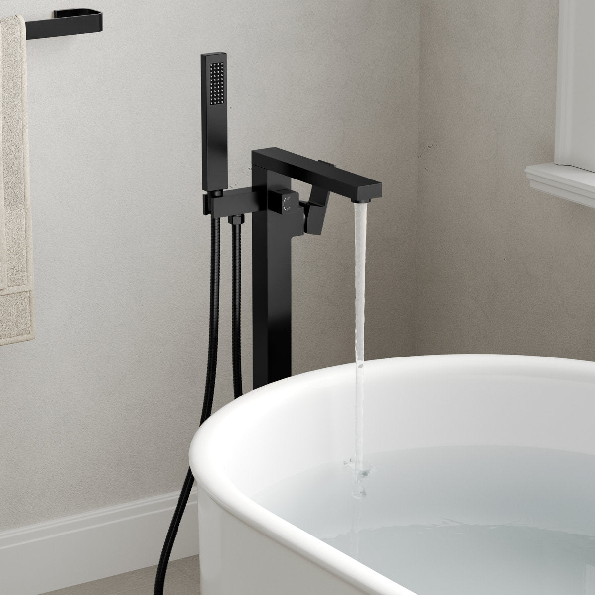 Freestanding Tub Filler Floor Mount Bathtub Faucet with Hand Shower SFS-1094-BK - Matte Black