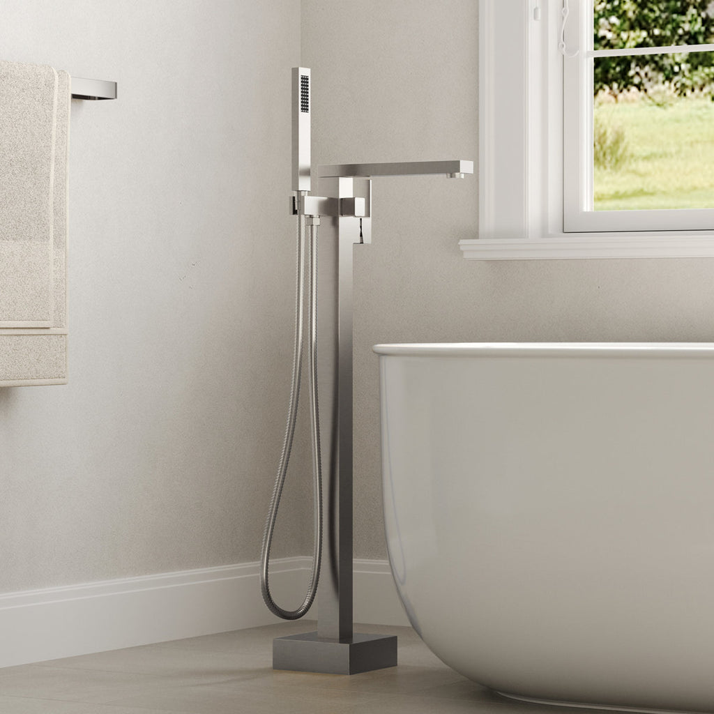Freestanding Tub Filler Floor Mount Bathtub Faucet with Hand Shower SFS-1094-NK - Brushed Nickel