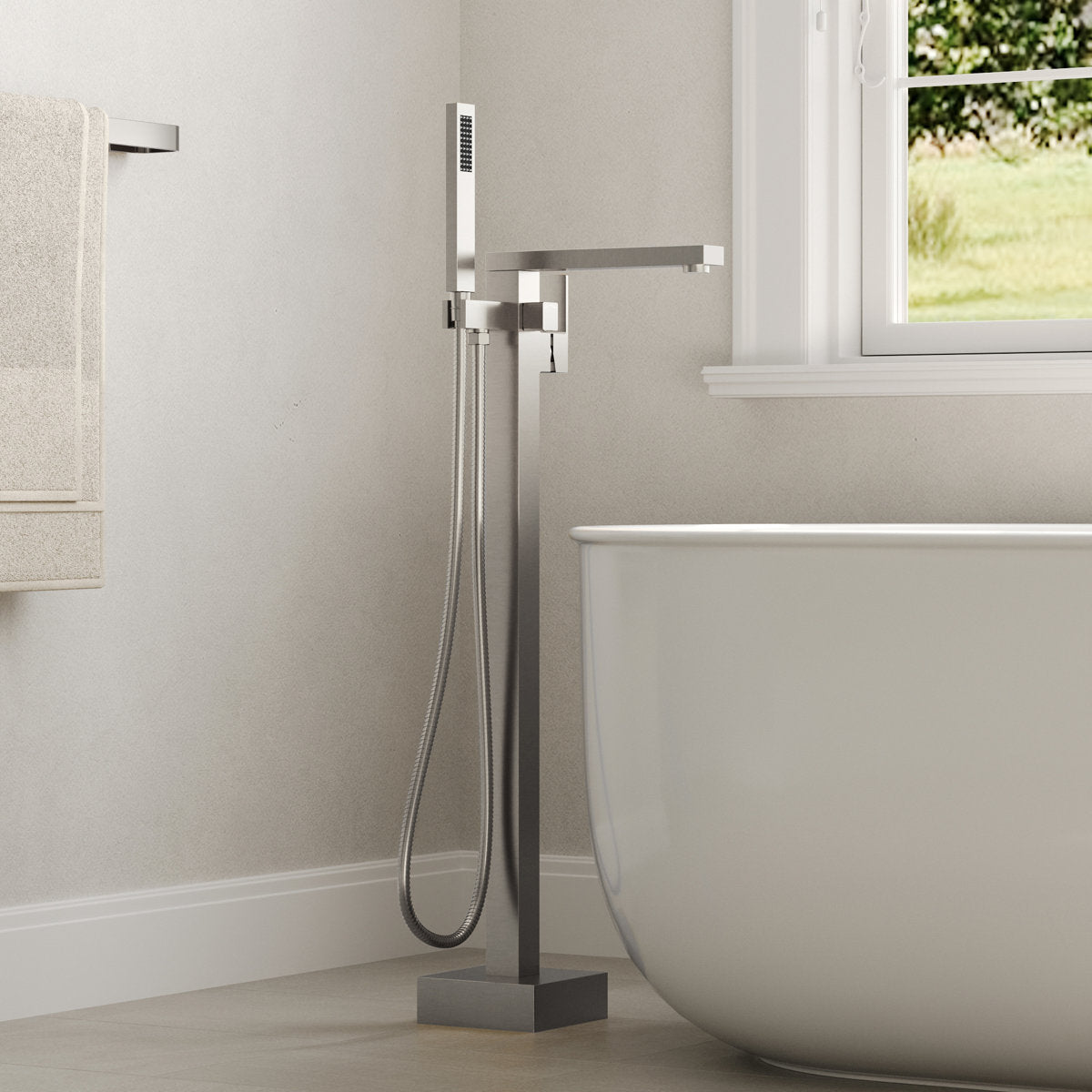 Freestanding Tub Filler Floor Mount Bathtub Faucet with Hand Shower SFS-1094-NK - Brushed Nickel