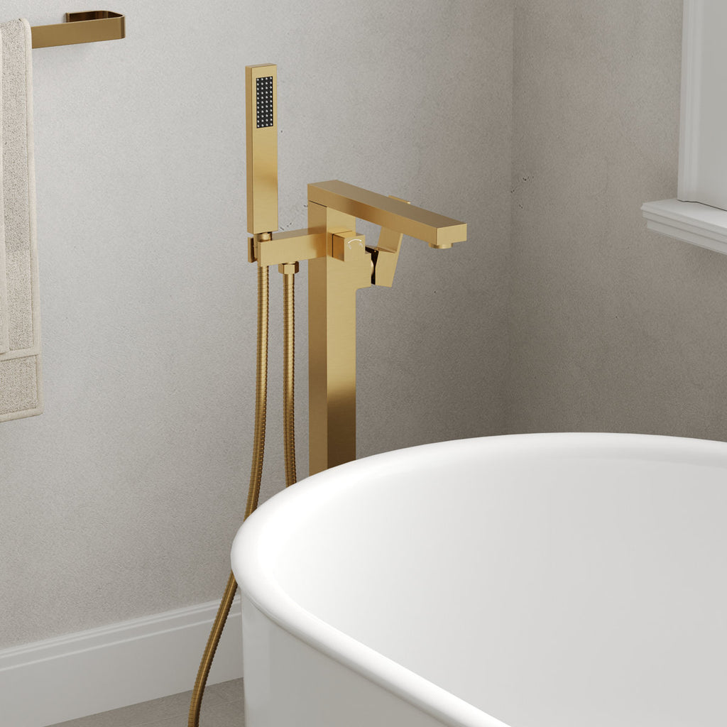 Freestanding Floor Mount Tub Filler Bathtub Faucet with Hand Shower SFS-1094-GN - Brushed Gold