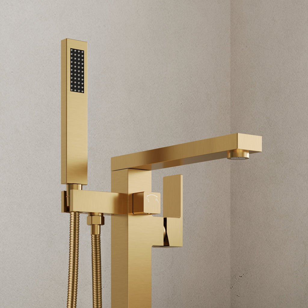 Freestanding Floor Mount Tub Filler Bathtub Faucet with Hand Shower SFS-1094-GN - Brushed Gold