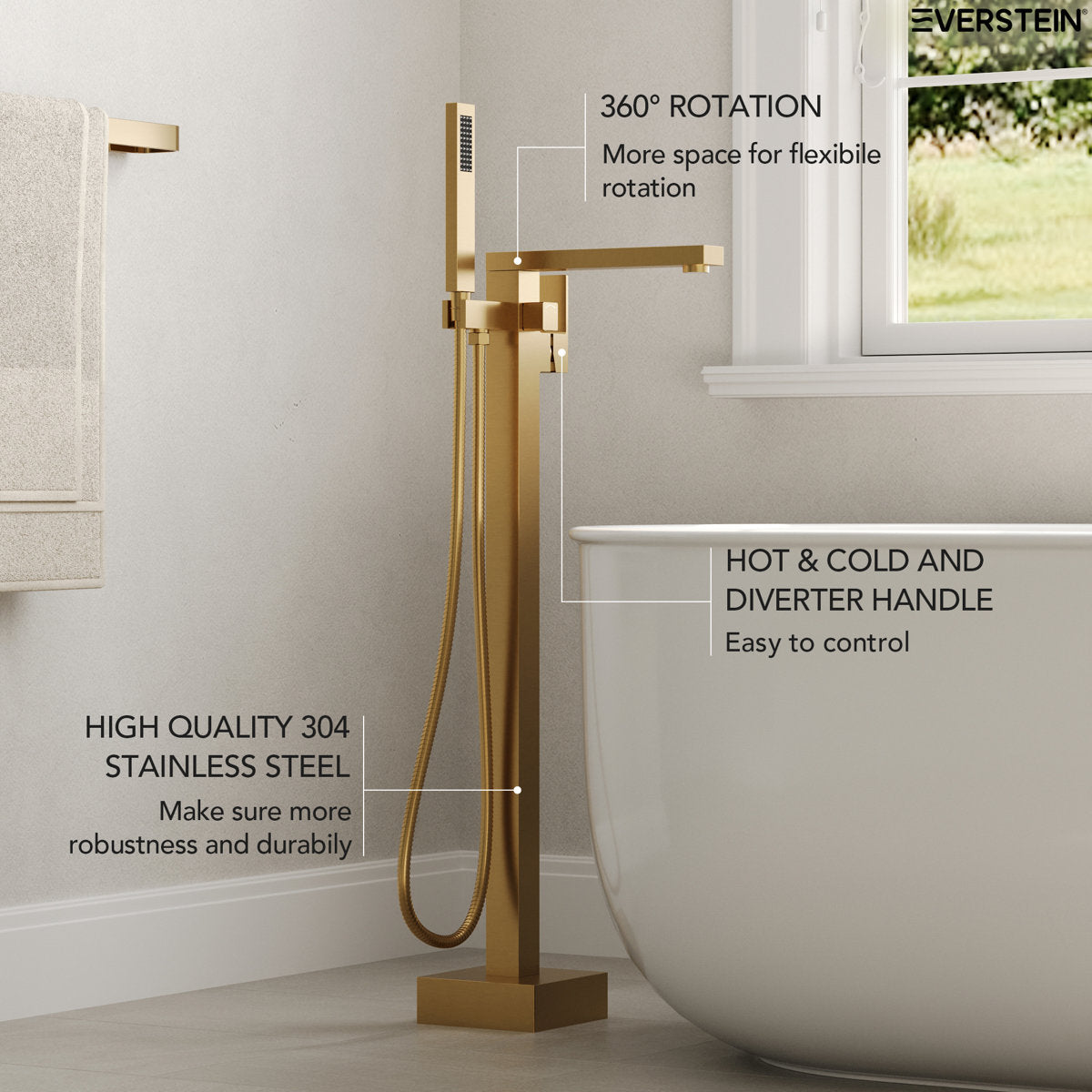 Freestanding Floor Mount Tub Filler Bathtub Faucet with Hand Shower SFS-1094-GN - Brushed Gold