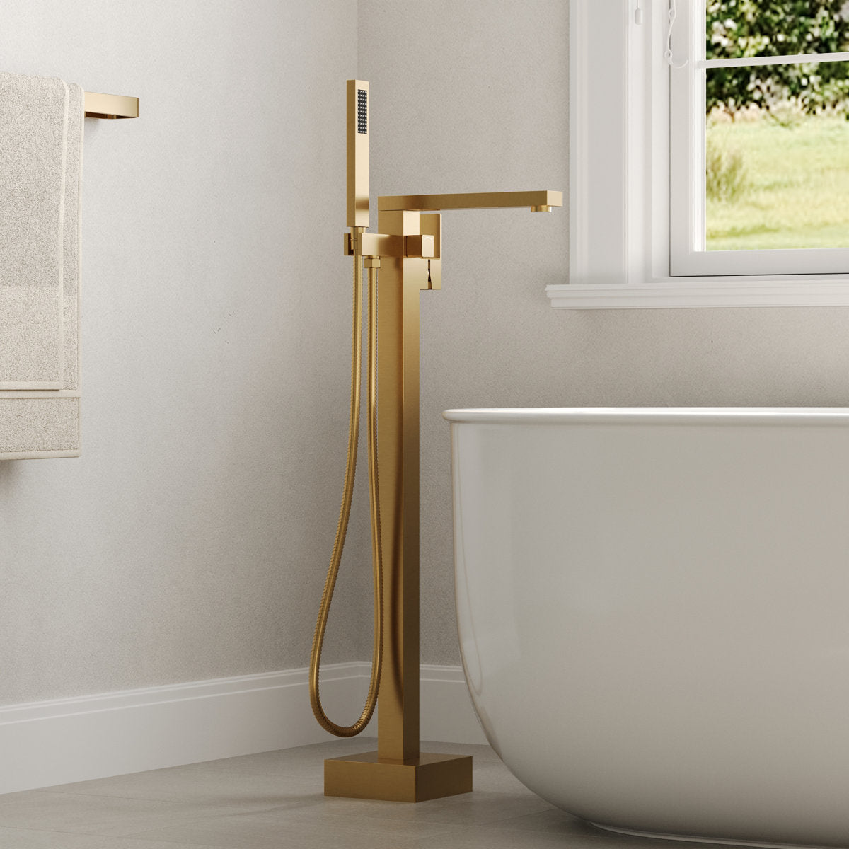 Freestanding Floor Mount Tub Filler Bathtub Faucet with Hand Shower SFS-1094-GN - Brushed Gold