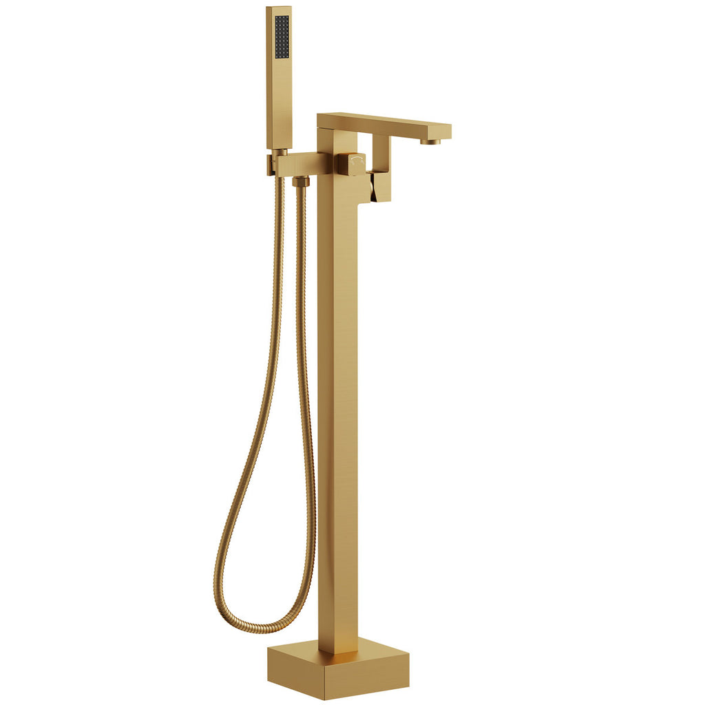 Freestanding Floor Mount Tub Filler Bathtub Faucet with Hand Shower SFS-1094-GN - Brushed Gold