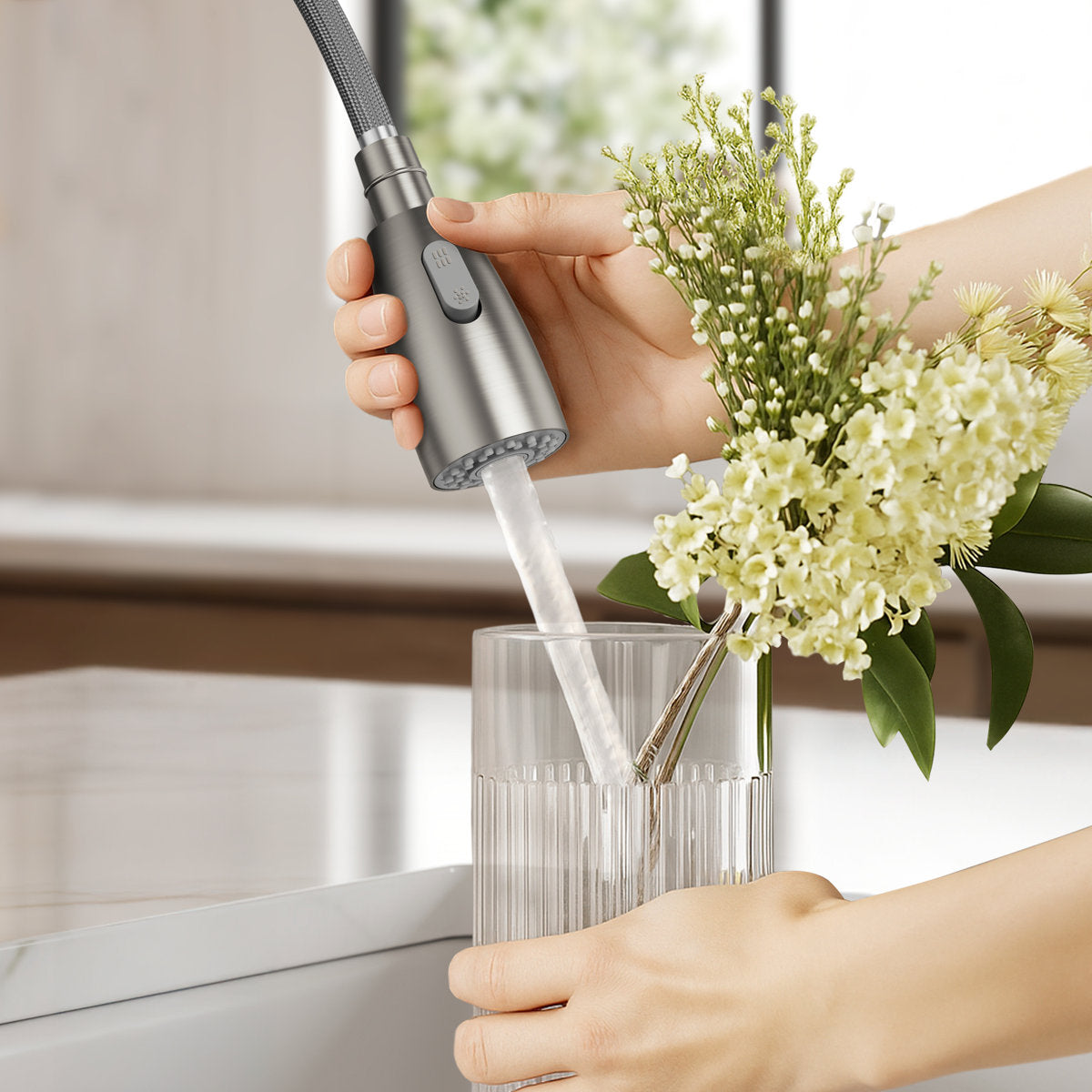 Commercial Dual-Function Pull Down Kitchen Faucet with High Arc Spring Spout SFS-1133-NK - Brushed Nickel