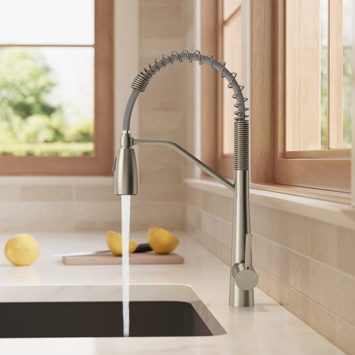 Commercial Dual-Function Pull Down Kitchen Faucet with High Arc Spring Spout SFS-1133-NK - Brushed Nickel