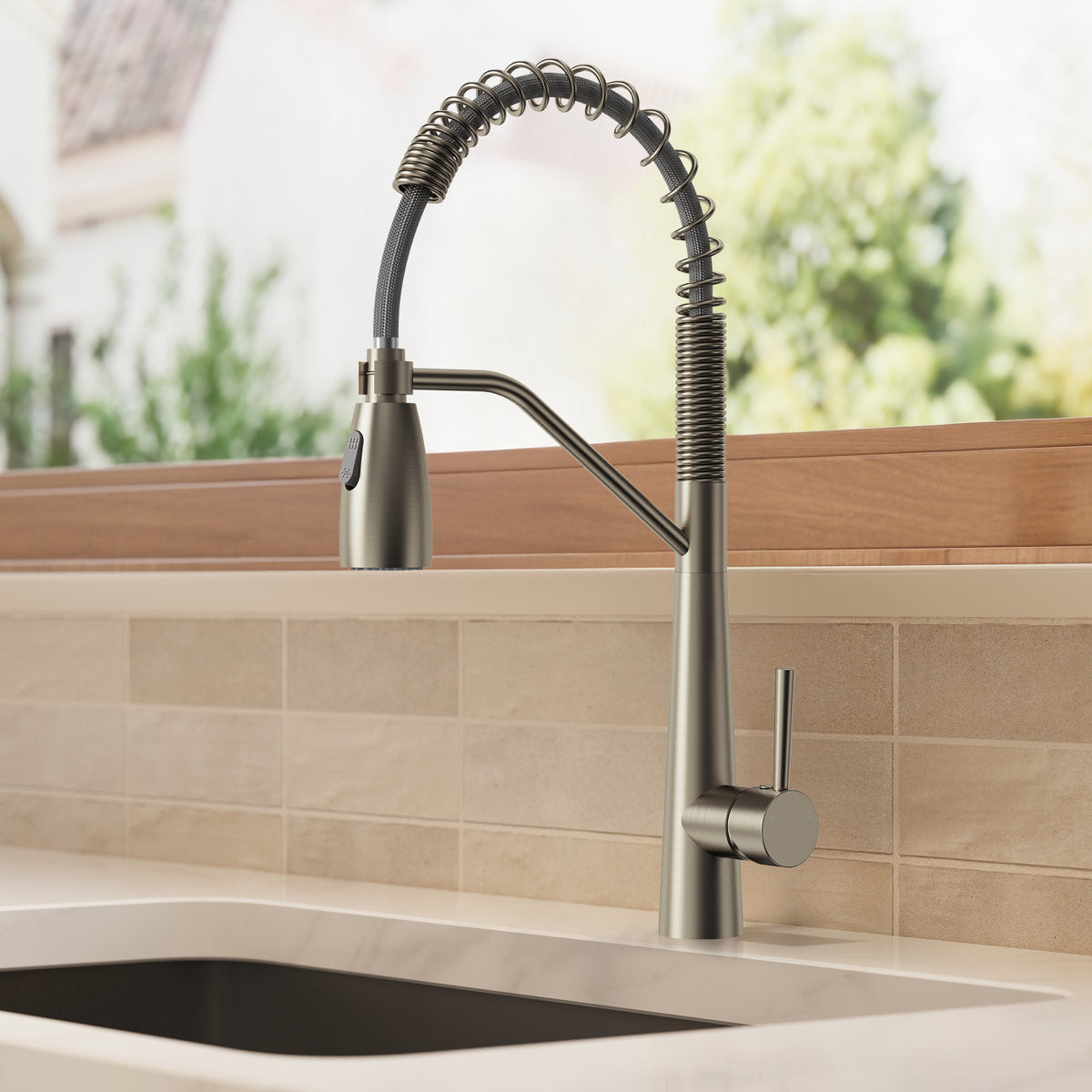 Commercial Dual-Function Pull Down Kitchen Faucet with High Arc Spring Spout SFS-1133-NK - Brushed Nickel