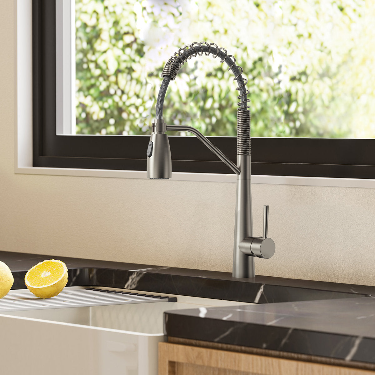 Commercial Dual-Function Pull Down Kitchen Faucet with High Arc Spring Spout SFS-1133-NK - Brushed Nickel