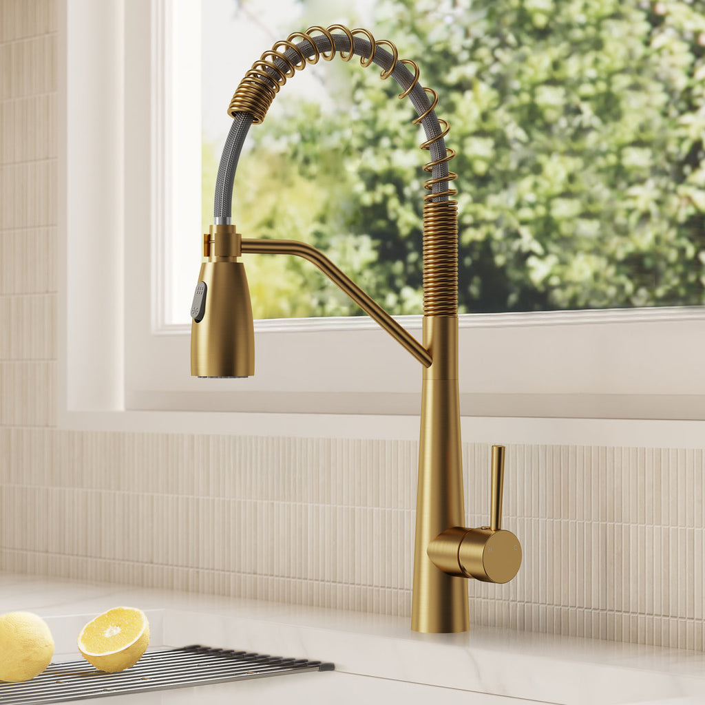 Commercial Dual-Function Pull Down Kitchen Faucet with High Arc Spring Spout SFS-1133-GD - Brushed Gold