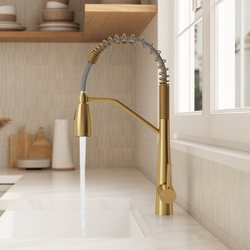 Commercial Dual-Function Pull Down Kitchen Faucet with High Arc Spring Spout SFS-1133-GD - Brushed Gold