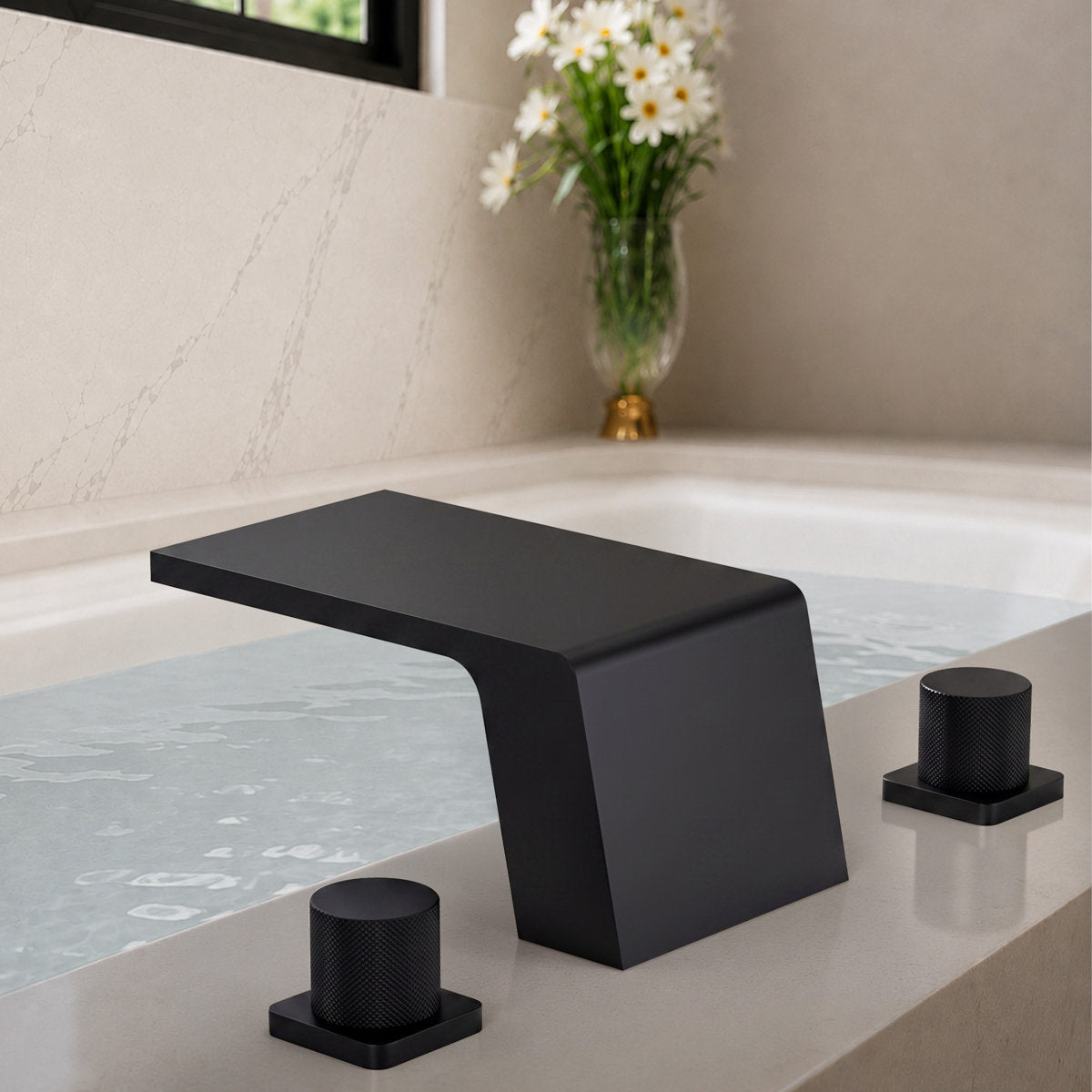 3-Hole Deck Mount Waterfall Roman Tub Faucet SFS-1125-BK - Matte Black