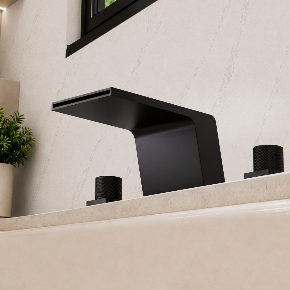 3-Hole Deck Mount Waterfall Roman Tub Faucet SFS-1125-BK - Matte Black