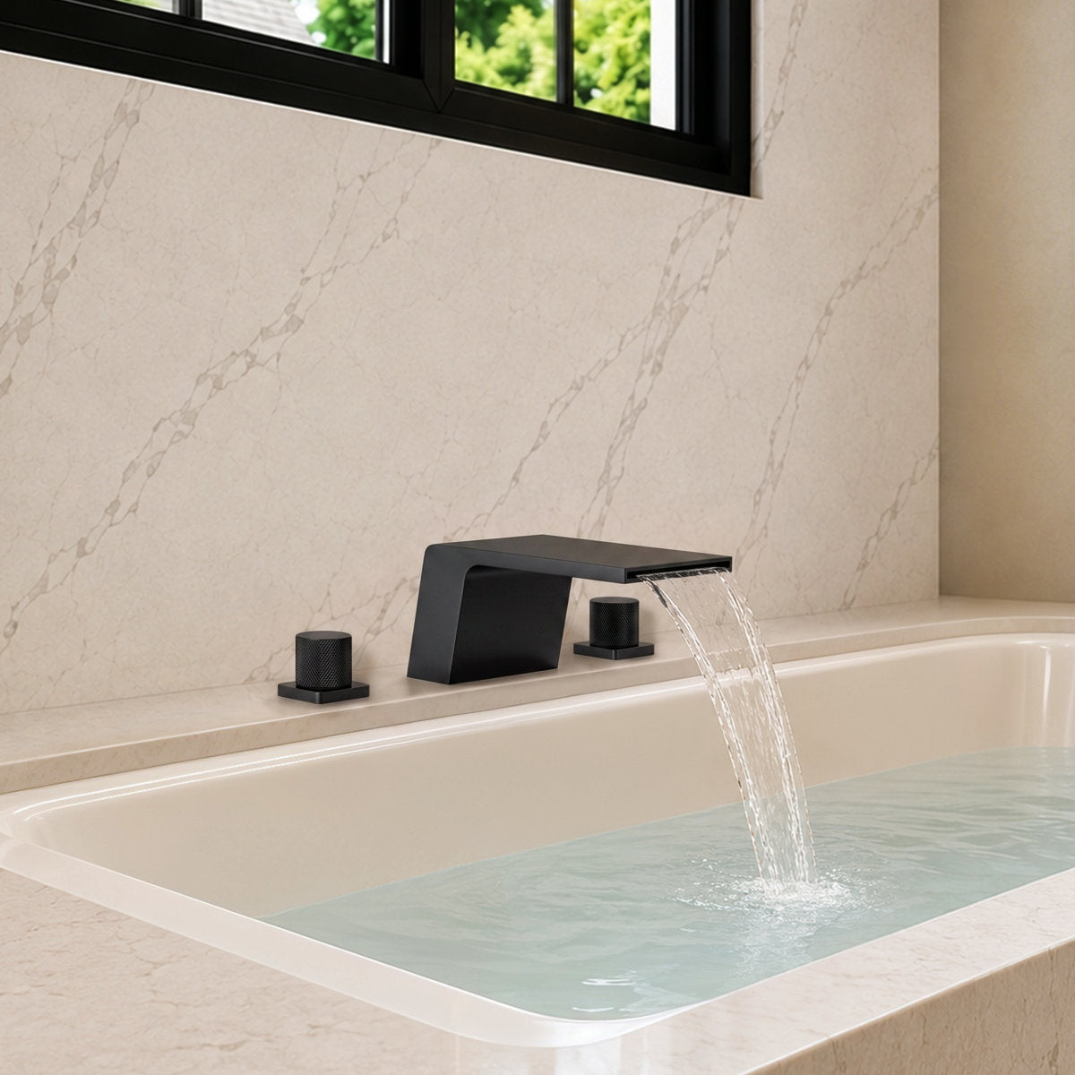 3-Hole Deck Mount Waterfall Roman Tub Faucet SFS-1125-BK - Matte Black