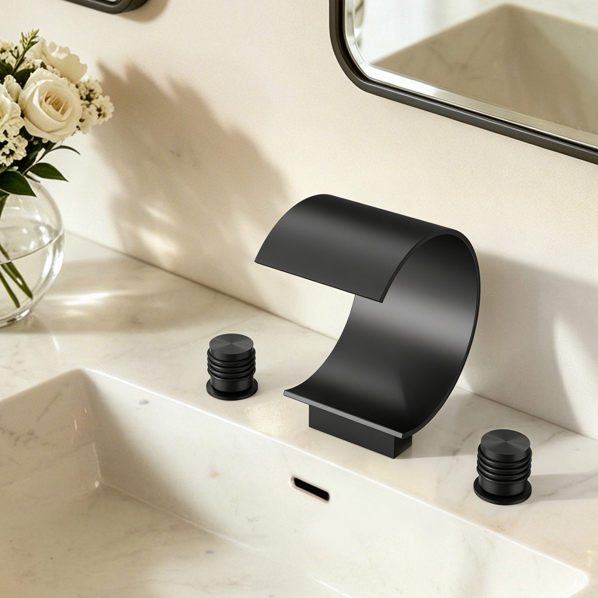 Widespread Bathroom Faucet 3 Hole, 2-handle Bathroom Sink Faucet with Drain Assembly SFS-1152-BK - Matte Black
