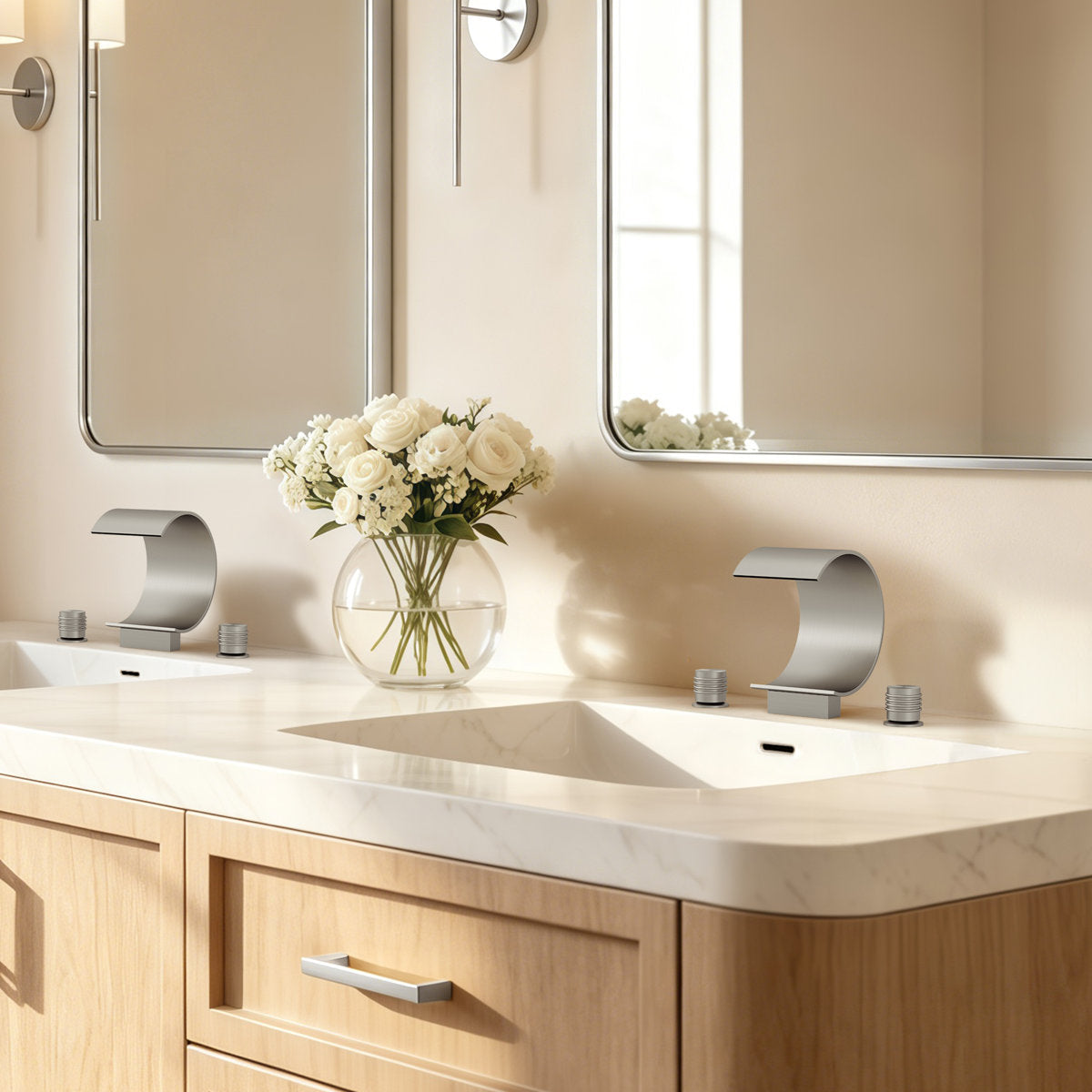 Widespread Bathroom Faucet 3 Hole, 2-handle Bathroom Sink Faucet with Drain Assembly SFS-1152-NK - Brushed Nickel