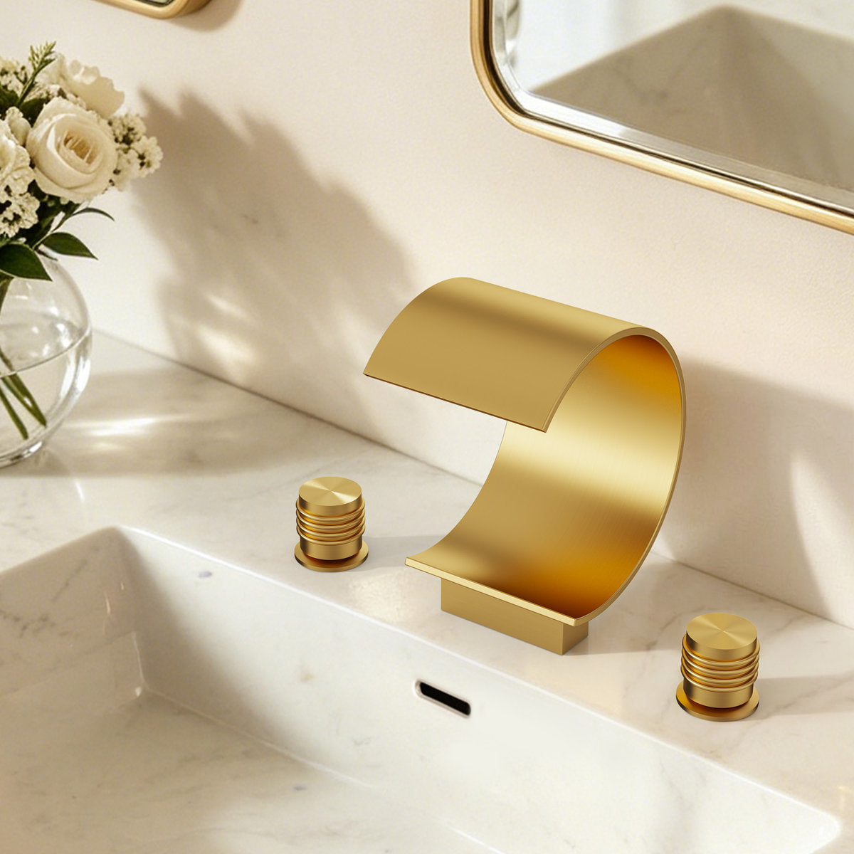 Widespread Bathroom Faucet 3 Hole, 2-handle Bathroom Sink Faucet with Drain Assembly SFS-1152-GD - Brushed Gold