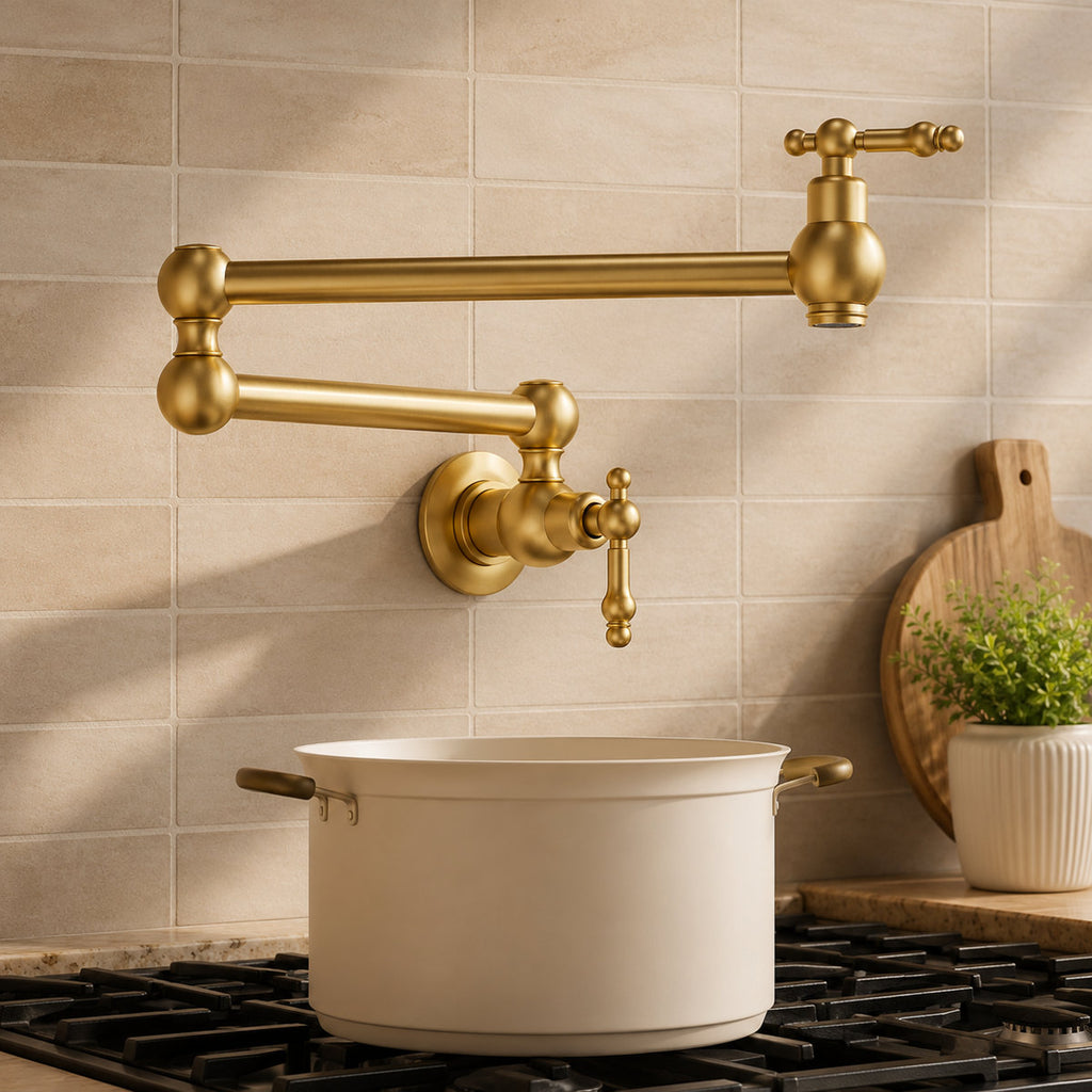 Brass Wall-Mount Pot Filler Kitchen Faucet with Swing Arms SFS-1128-GD - Brushed Gold