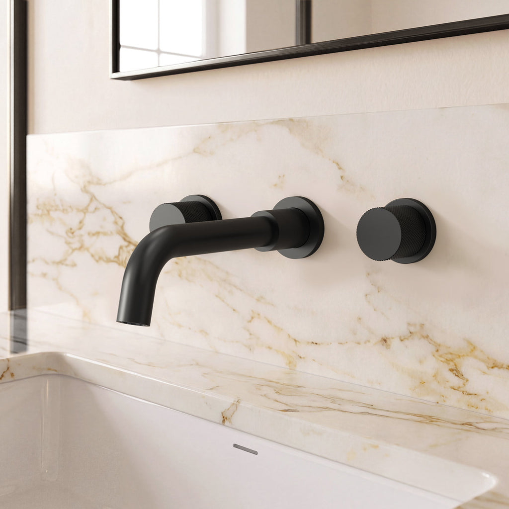 Wall Mounted Bathroom Faucet 3 Hole,2-Handle Bathroom Sink Faucet with Drain Assembly, Matte Black SFS-1150-BK - Matte Black