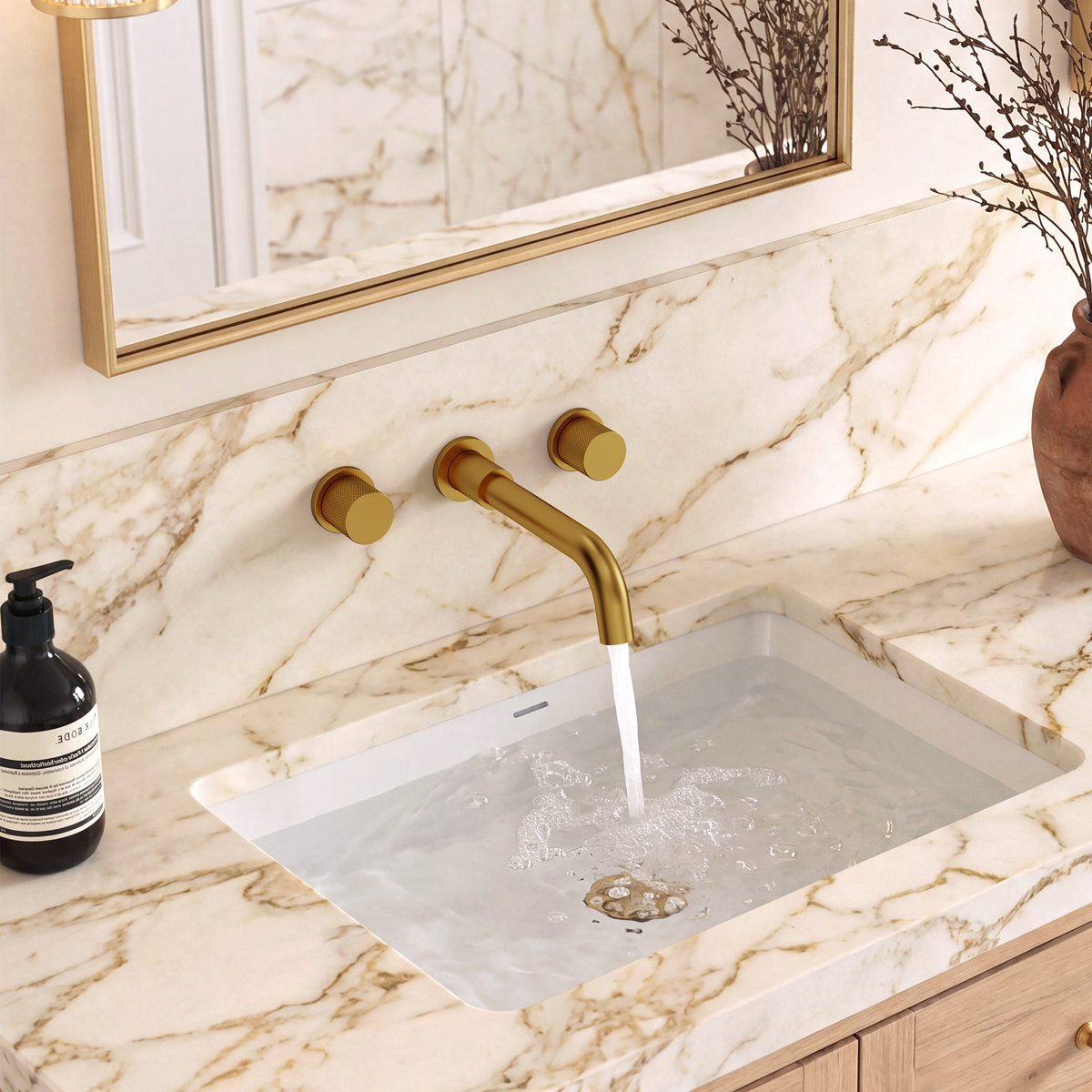 Wall Mounted Bathroom Faucet 3 Hole,2-Handle Bathroom Sink Faucet with Drain Assembly, Brushed Gold SFS-1150-GD - Brushed Gold