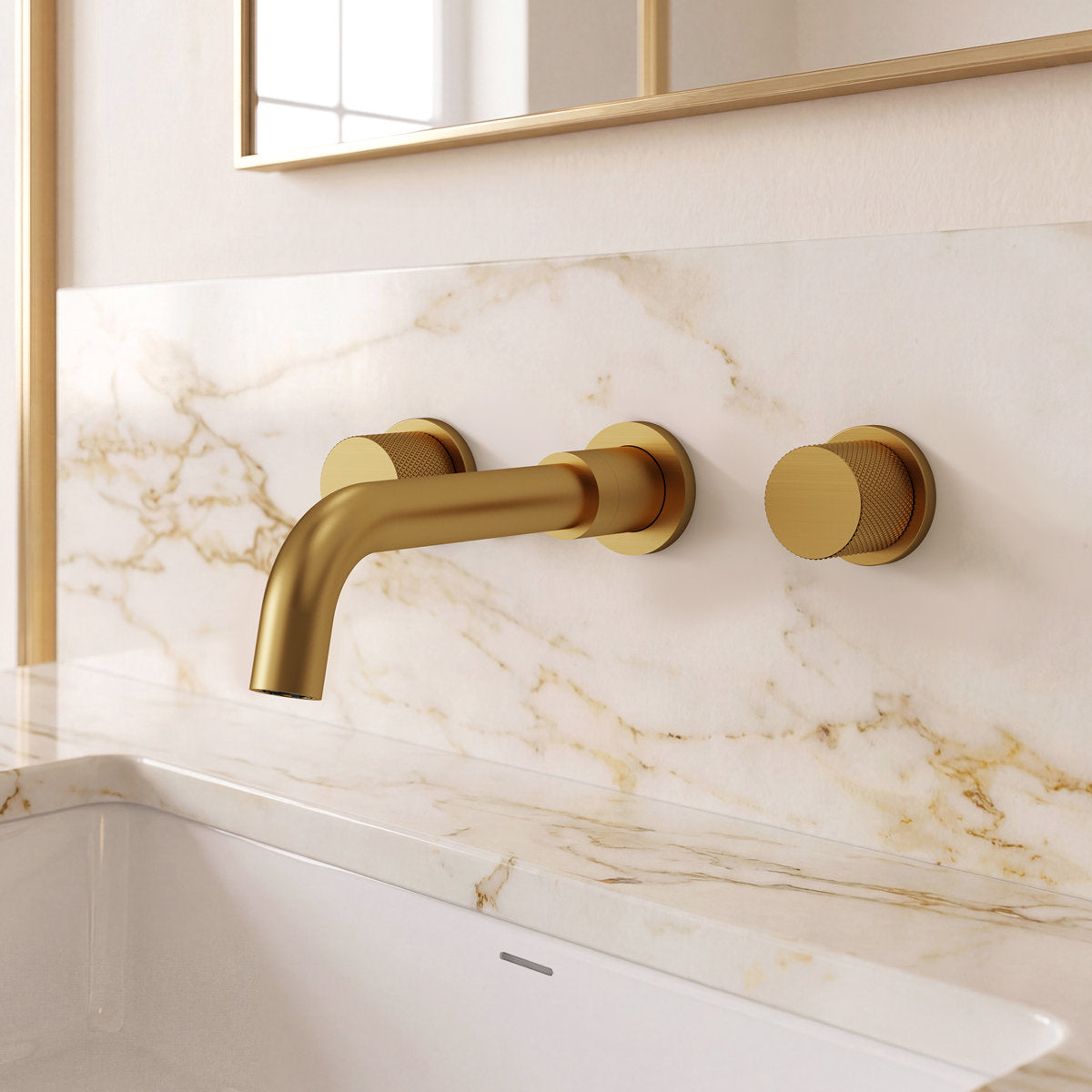 Wall Mounted Bathroom Faucet 3 Hole,2-Handle Bathroom Sink Faucet with Drain Assembly, Brushed Gold SFS-1150-GD - Brushed Gold