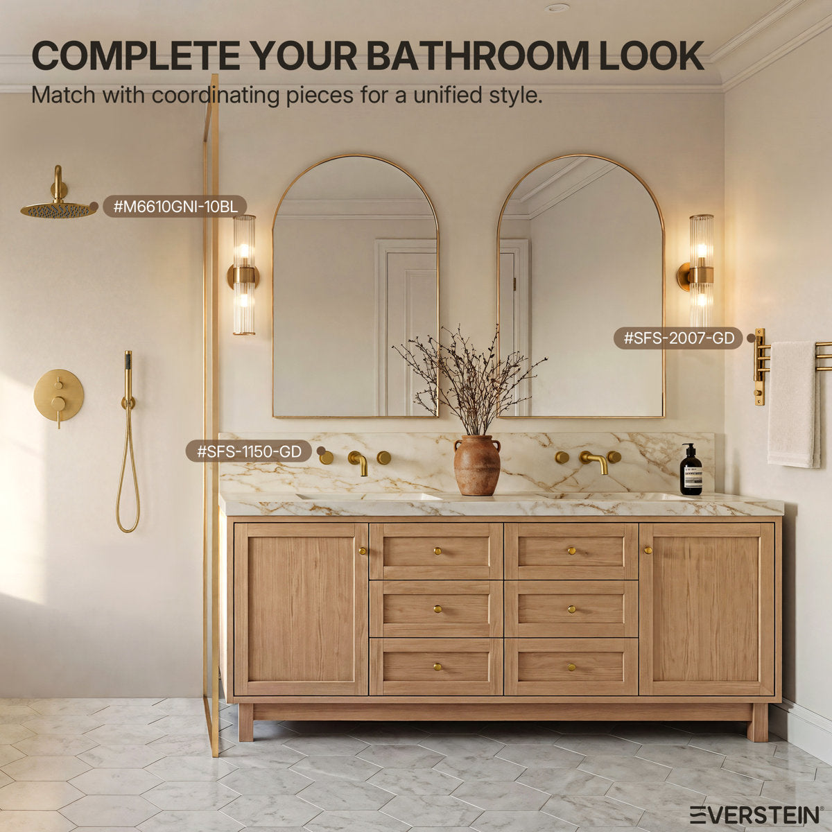 Wall Mounted Bathroom Faucet 3 Hole,2-Handle Bathroom Sink Faucet with Drain Assembly, Brushed Gold SFS-1150-GD - Brushed Gold