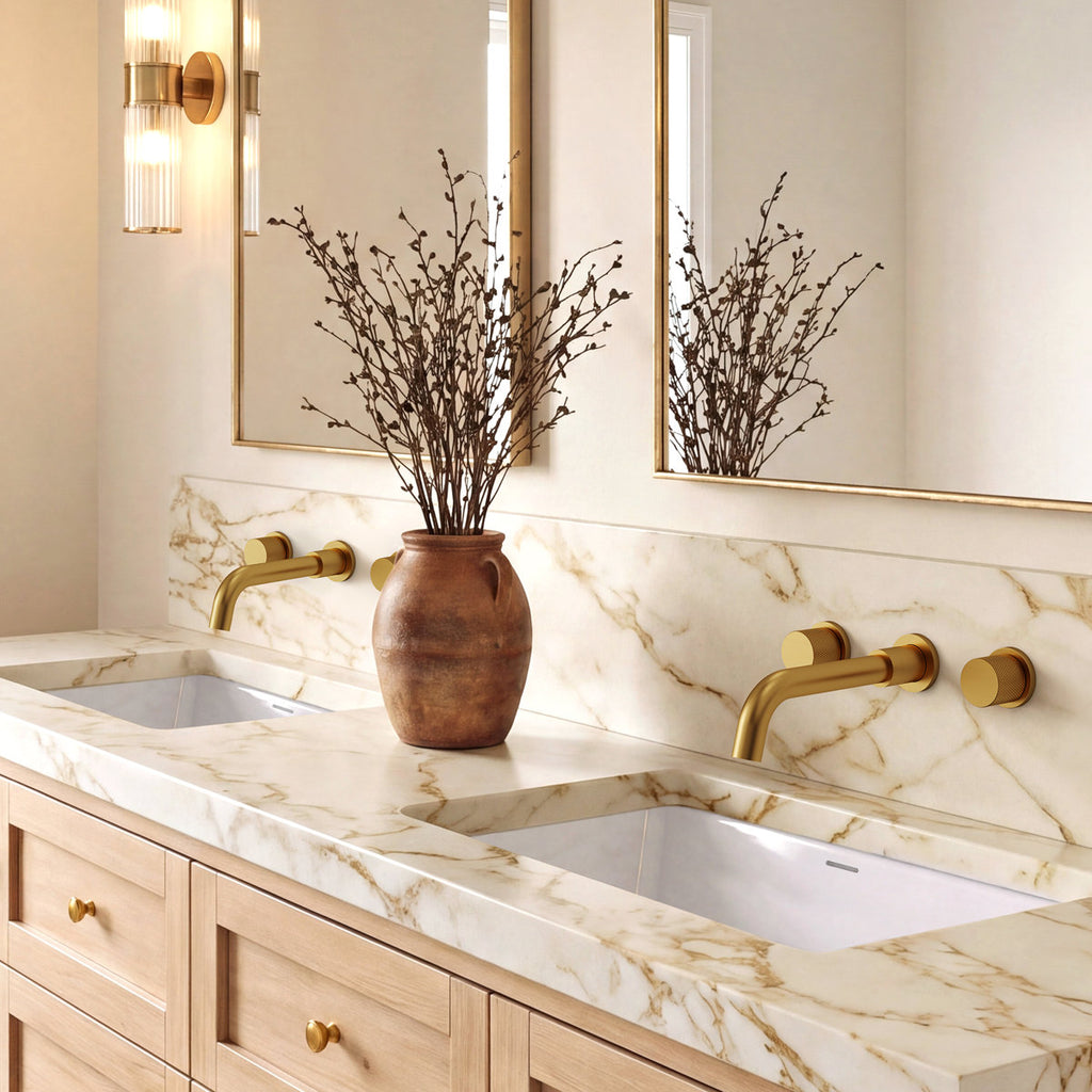 Wall Mounted Bathroom Faucet 3 Hole,2-Handle Bathroom Sink Faucet with Drain Assembly, Brushed Gold SFS-1150-GD - Brushed Gold