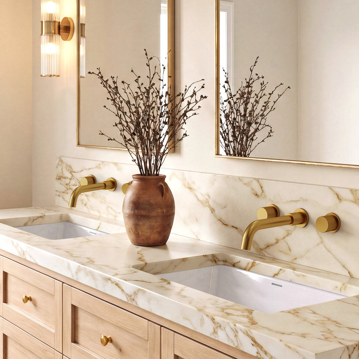 Wall Mounted Bathroom Faucet 3 Hole,2-Handle Bathroom Sink Faucet with Drain Assembly, Brushed Gold SFS-1150-GD - Brushed Gold