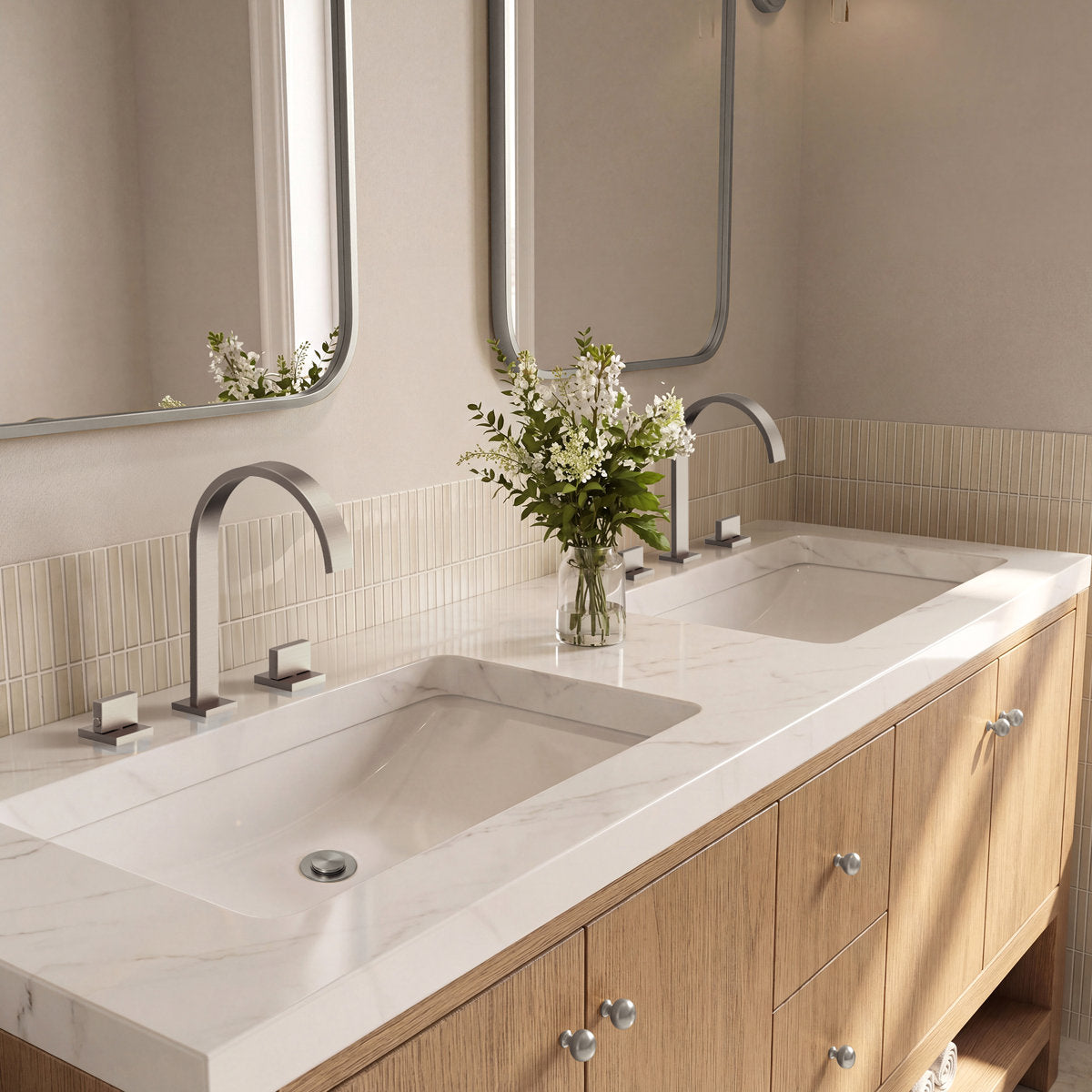 Widespread Bathroom Faucet 3 Hole, 2-handle Bathroom Sink Faucet with Drain Assembly SFS-1151-NK - Brushed Nickel