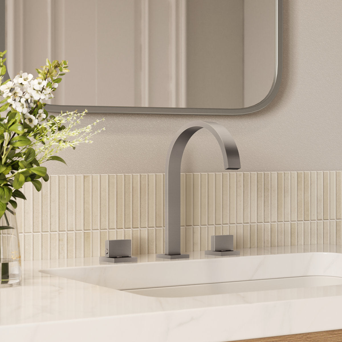 Widespread Bathroom Faucet 3 Hole, 2-handle Bathroom Sink Faucet with Drain Assembly SFS-1151-NK - Brushed Nickel