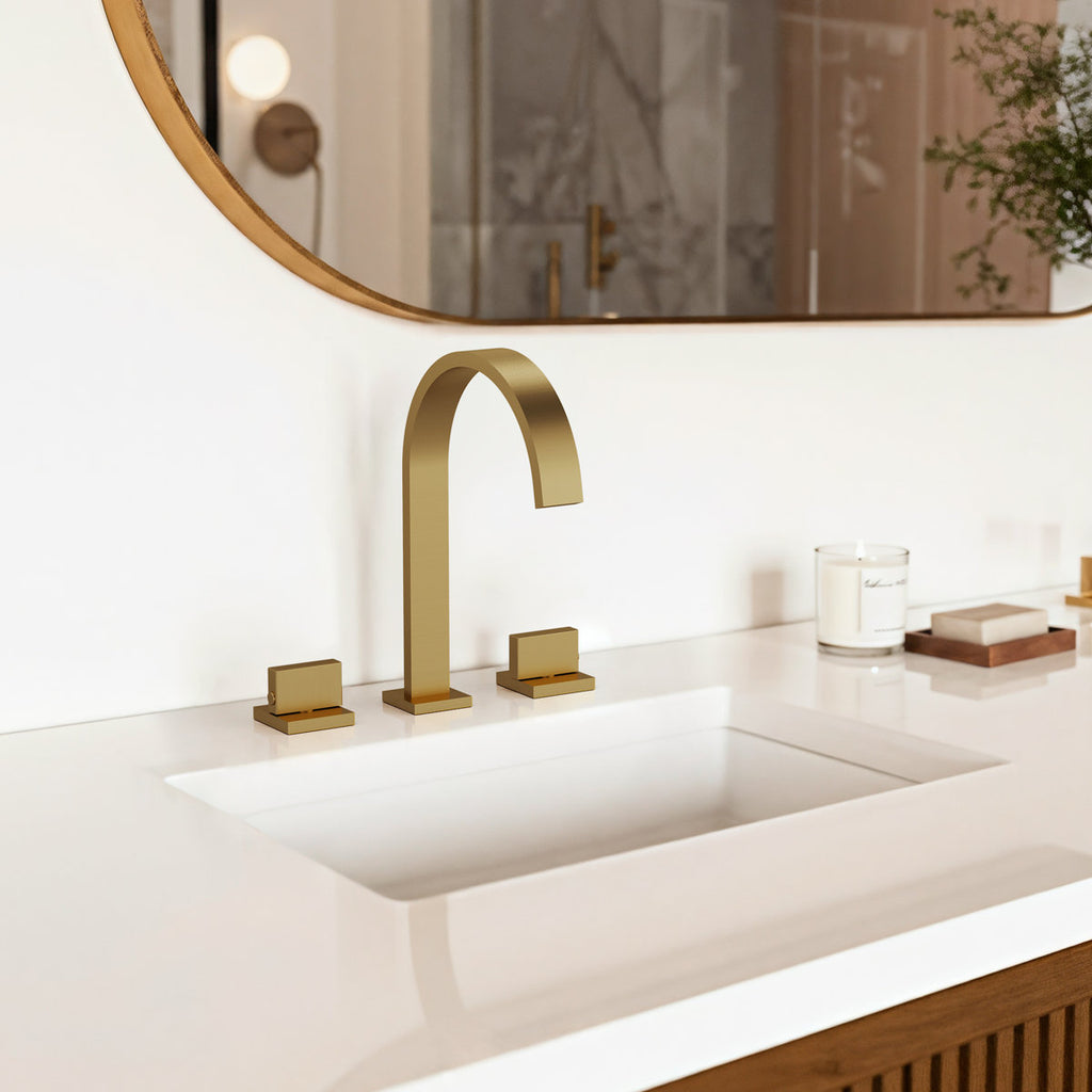 Widespread Bathroom Faucet 3 Hole, 2-handle Bathroom Sink Faucet with Drain Assembly SFS-1151-GD - Brushed Gold