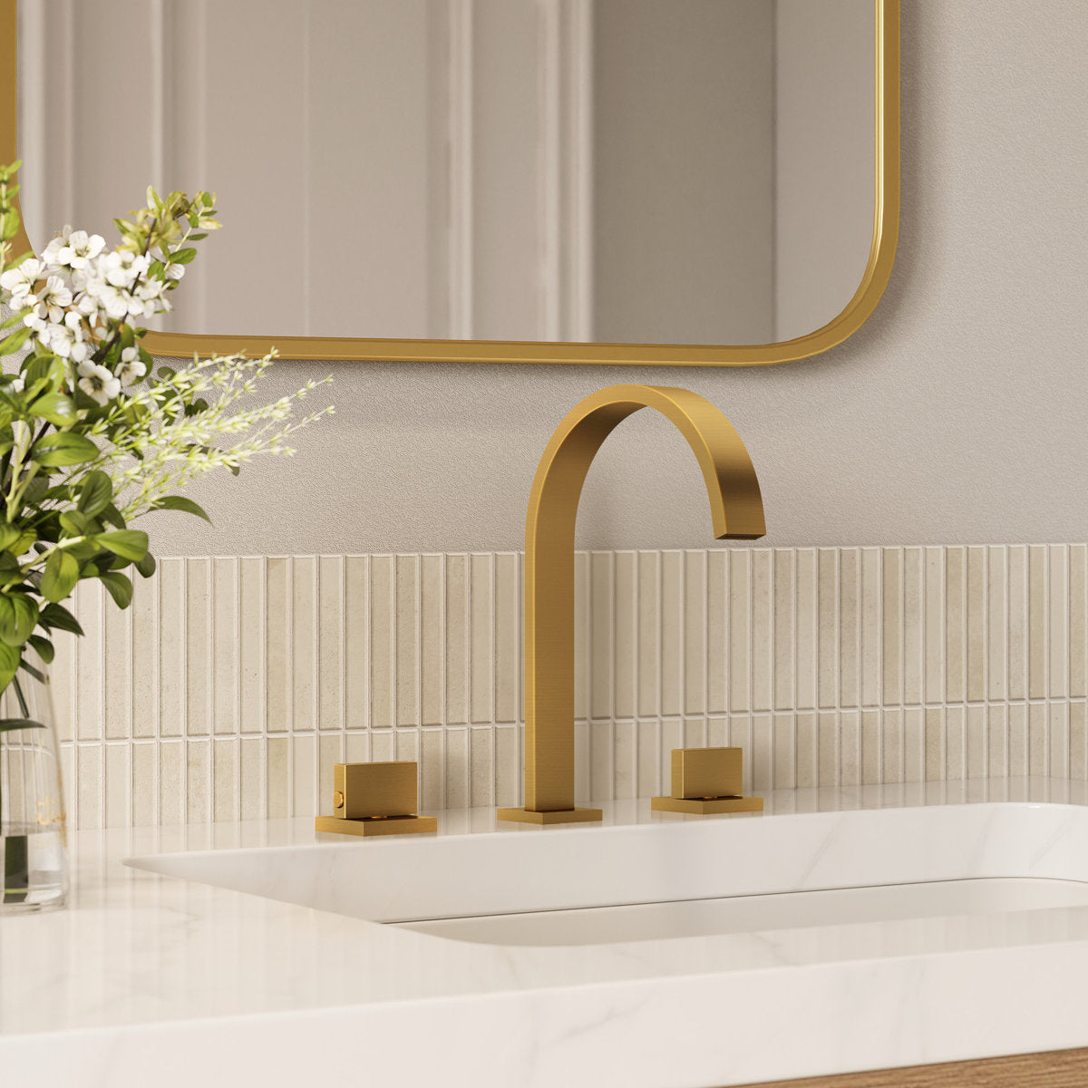 Widespread Bathroom Faucet 3 Hole, 2-handle Bathroom Sink Faucet with Drain Assembly SFS-1151-GD - Brushed Gold