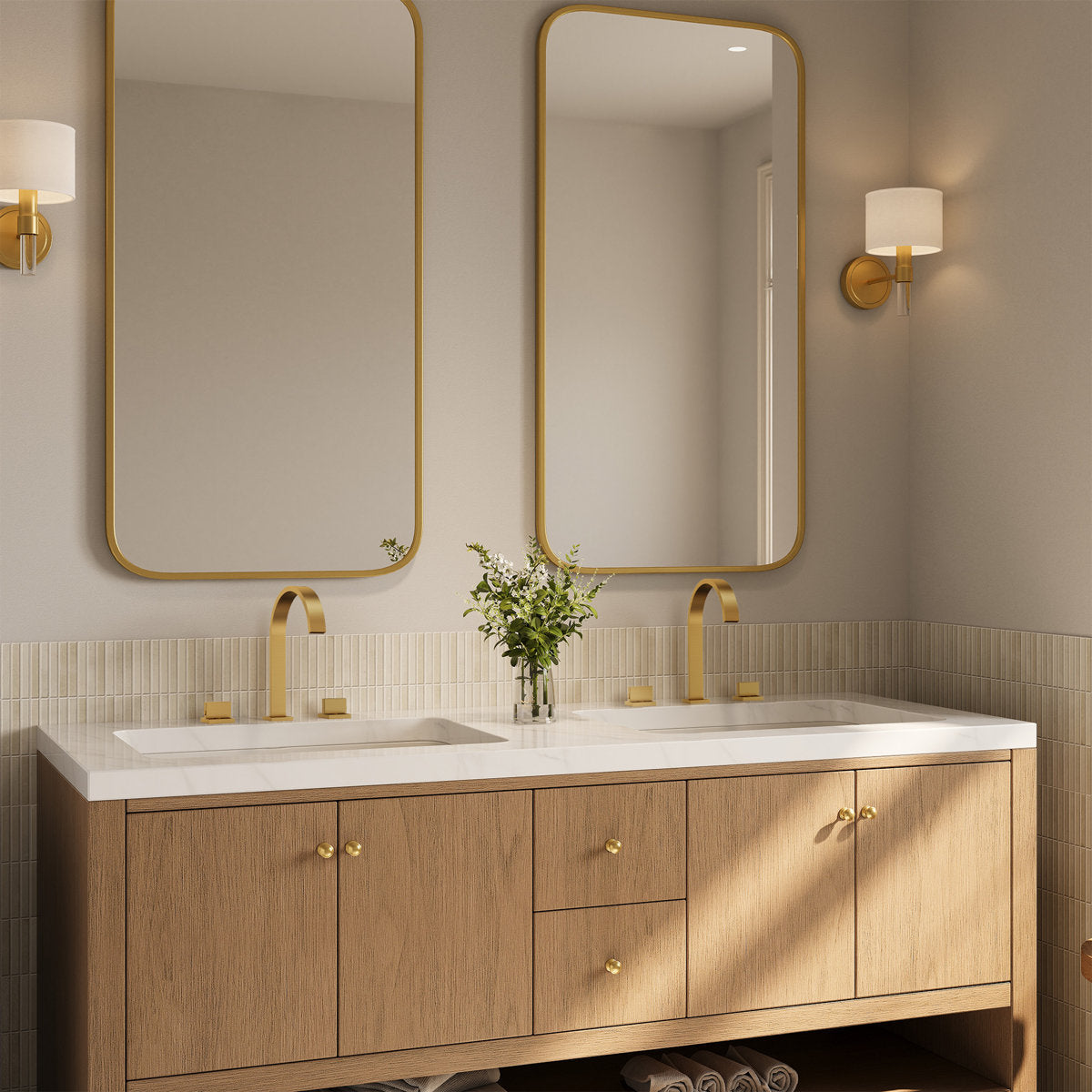 Widespread Bathroom Faucet 3 Hole, 2-handle Bathroom Sink Faucet with Drain Assembly SFS-1151-GD - Brushed Gold