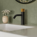 Single Hole Bathroom Faucet,Knob Single Handle Bathroom Sink Faucet with Drain Assembly SFS-1166-BK-GD - Matte Black/Brushed Gold