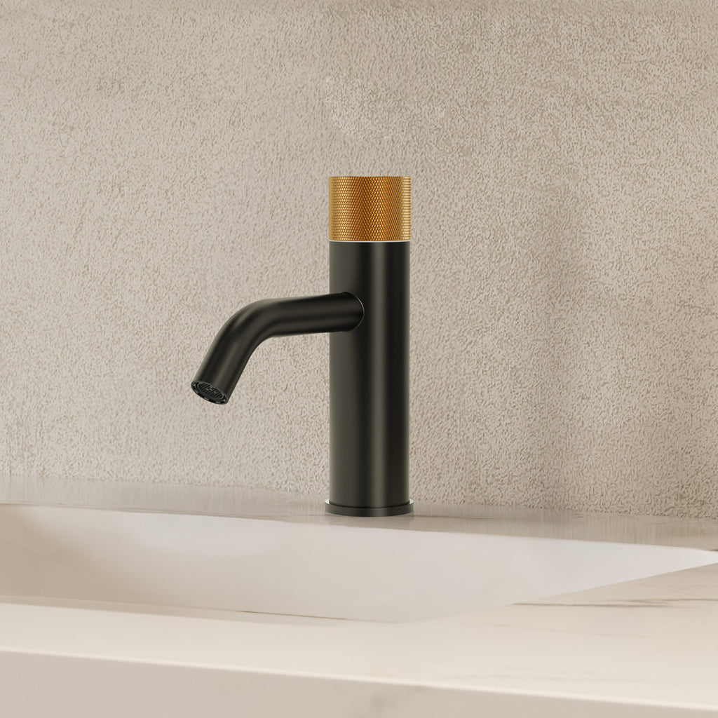 Single Hole Bathroom Faucet,Knob Single Handle Bathroom Sink Faucet with Drain Assembly SFS-1166-BK-GD - Matte Black/Brushed Gold