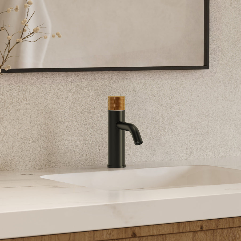 Single Hole Bathroom Faucet,Knob Single Handle Bathroom Sink Faucet with Drain Assembly SFS-1166-BK-GD - Matte Black/Brushed Gold