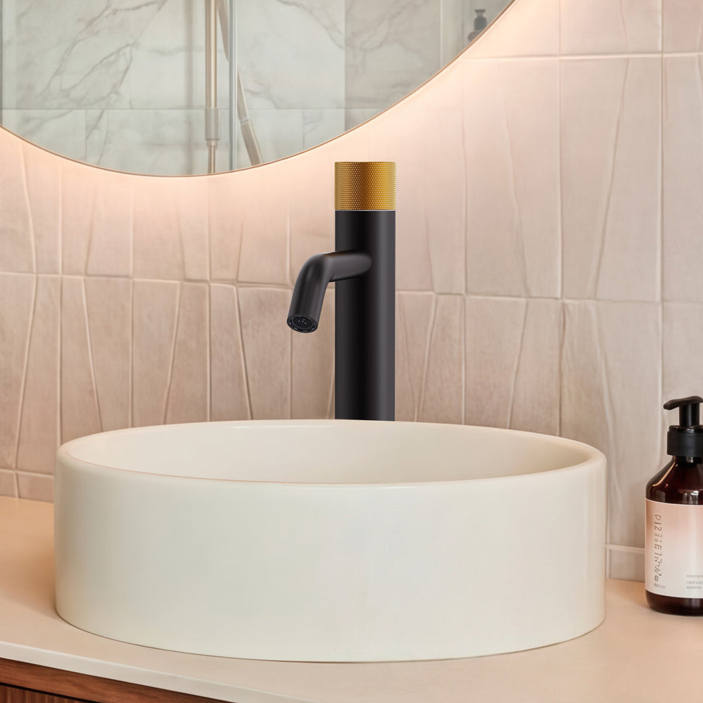 Single Hole Bathroom Vessel Faucet, Single Handle Bathroom Vessel Sink Faucet with Drain Assembly SFS-1167-BK-GD - Matte Black/Brushed Gold