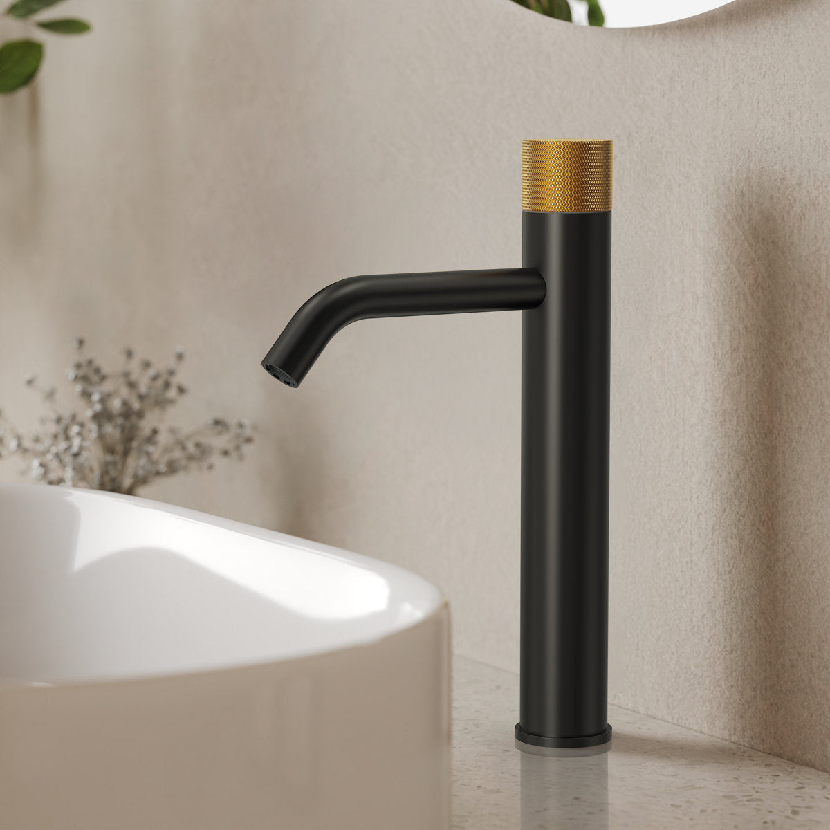 Single Hole Bathroom Vessel Faucet, Single Handle Bathroom Vessel Sink Faucet with Drain Assembly SFS-1167-BK-GD - Matte Black/Brushed Gold