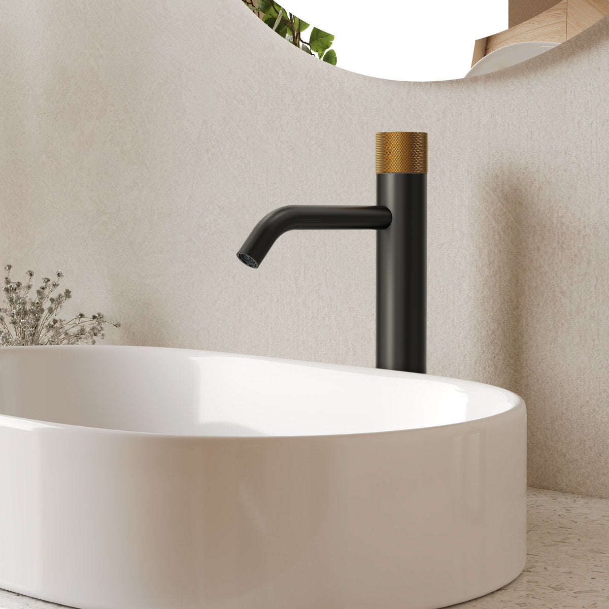 Single Hole Bathroom Vessel Faucet, Single Handle Bathroom Vessel Sink Faucet with Drain Assembly SFS-1167-BK-GD - Matte Black/Brushed Gold