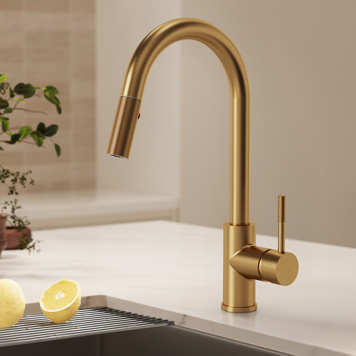 Dual Function Pull-Down Kitchen Faucet , Single Handle Sink Faucet SFS-1176-GD - Brushed Gold