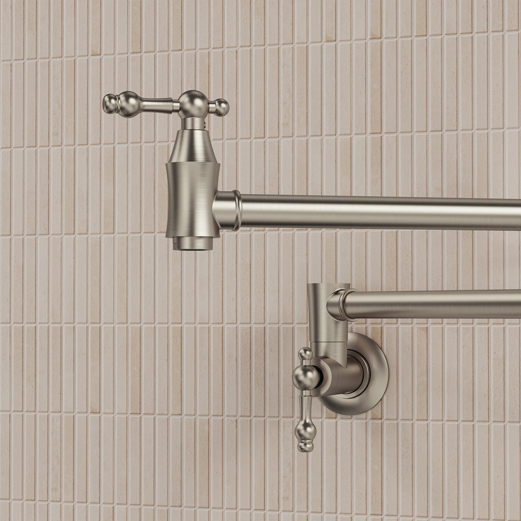 Wall Mount Swing Arm Folding Pot Filler Kitchen Faucet, 2-Handle Kitchen Faucet for Stove Use SFS-1178-NK - Brushed Nickel