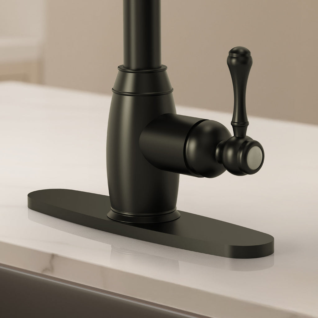 Pull-Down Kitchen Faucet with Deck Plate, Single Handle Sink Faucet with Sprayer SFS-1177-BK - Matte Black
